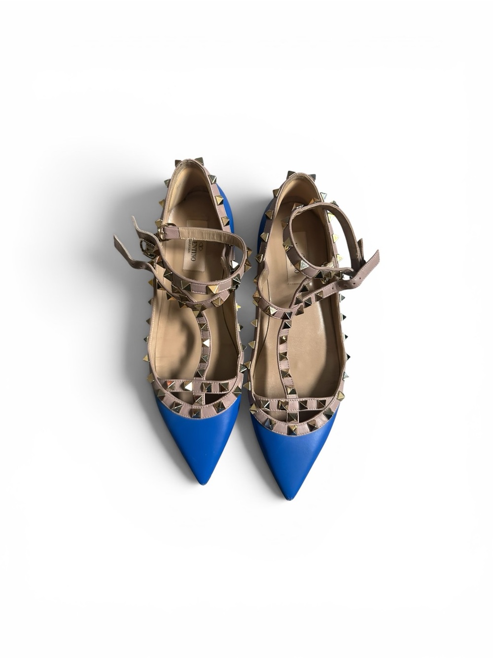 Valentino Garavani Blue Pointed Rockstud T-Strap Flats 38.5